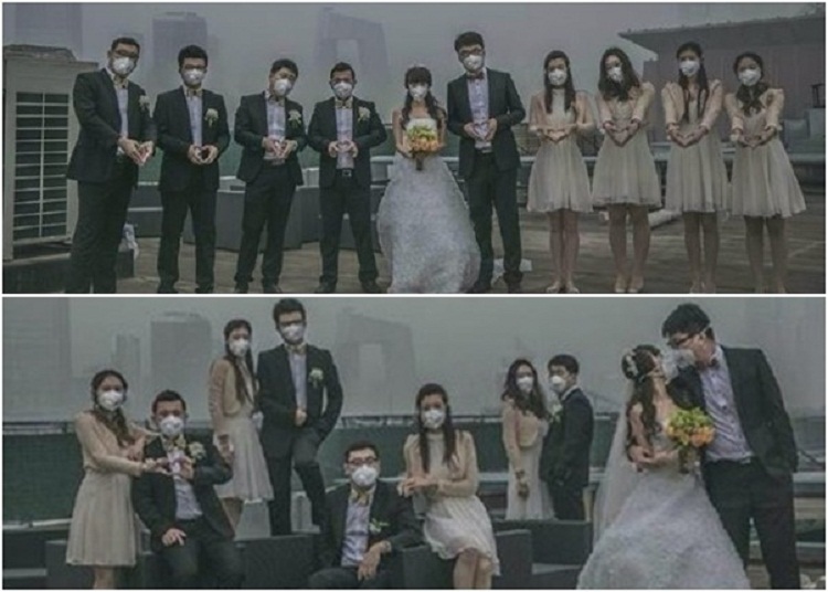 PHOTOS: Beijing couples do wedding photo shoots wearing gas masks